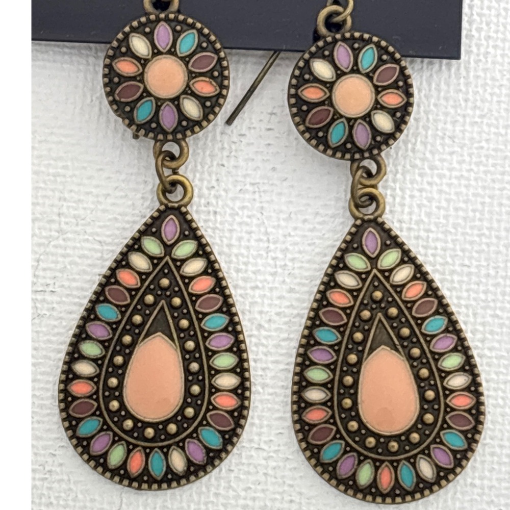 Drop Earrings Enamel Multicolor Antique Bronze French Hook Boho Style New